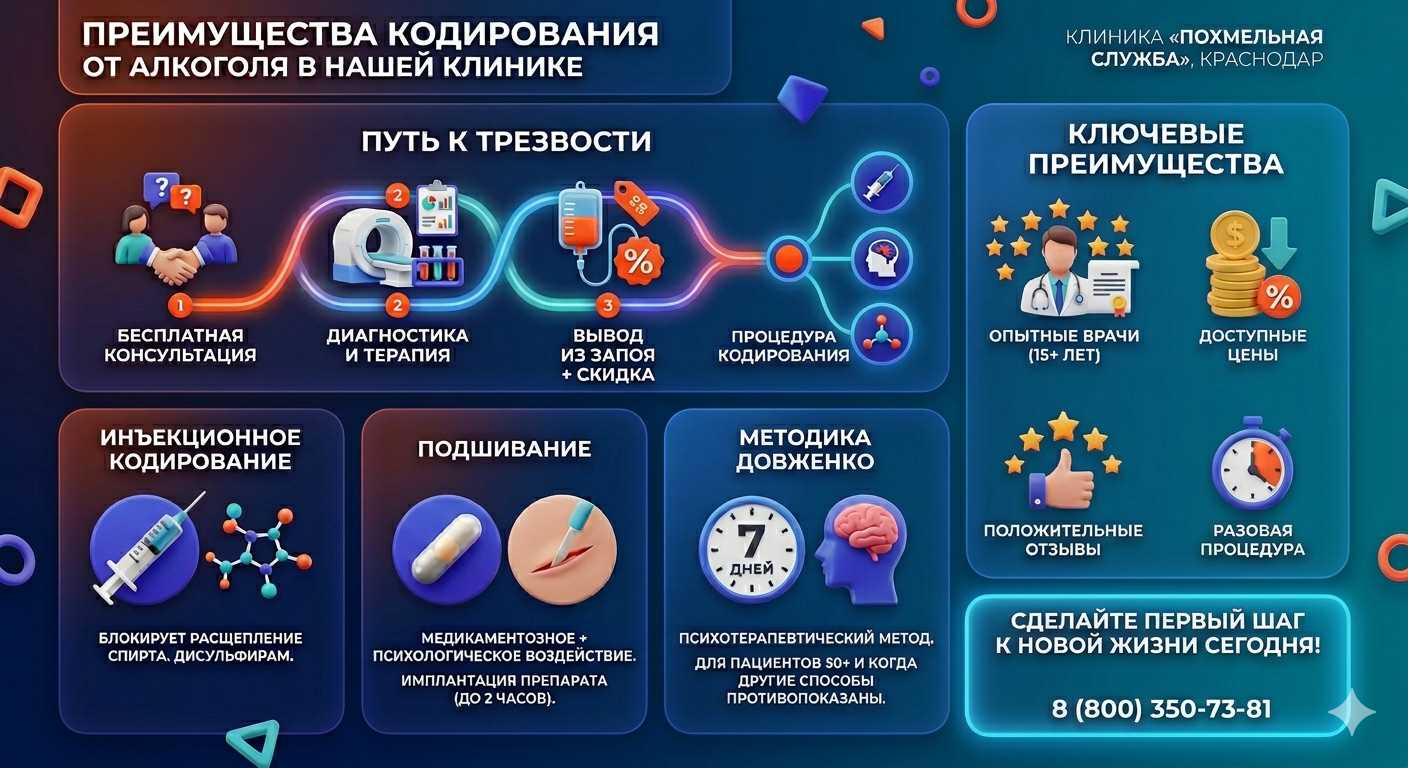 Инфографика о методах кодирования от алкоголя в Петропавловске-Камчатском: инъекции, подшивание, метод Довженко. Преимущества клиники и этапы лечения.